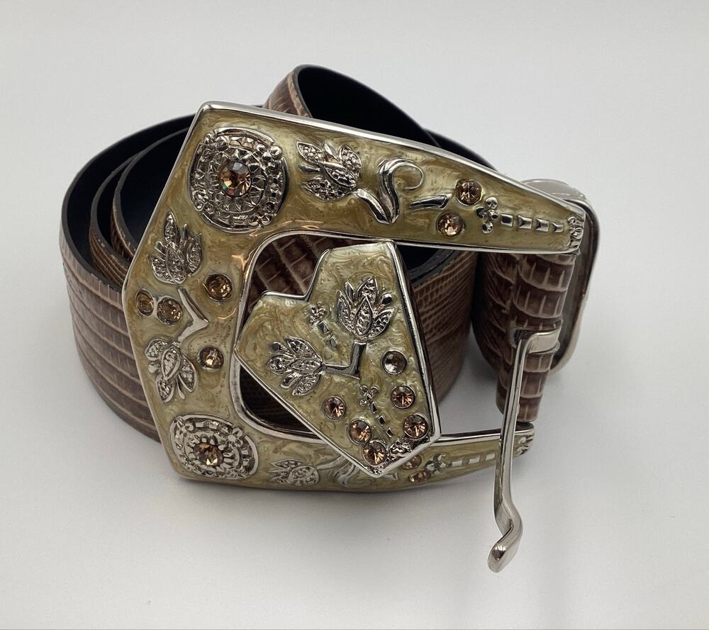 Vntg Sandy Duftler Designs Taupe Lizard Leather Belt Western Rhinestone Buckle